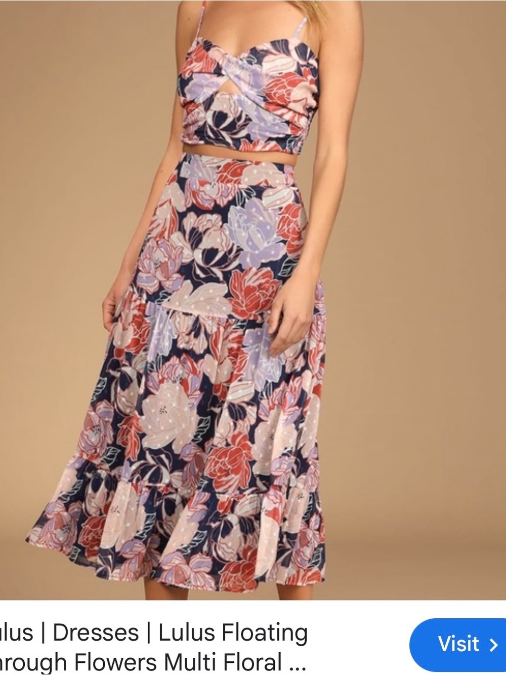 Lulu's Navy Floral Tiered Maxi Skirt with Coral & Lilac Blooms